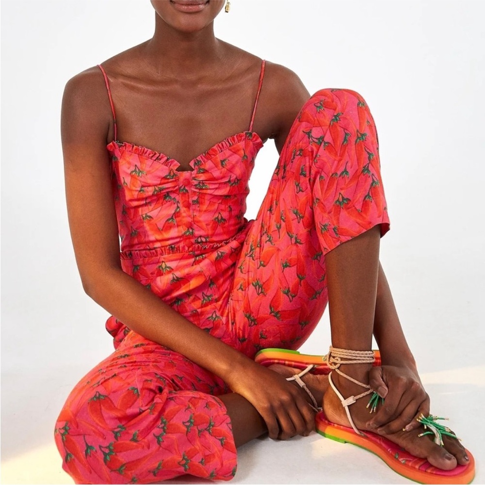 FARM Rio Red Chili Peppers Linen Blend Jumpsuit Size Small